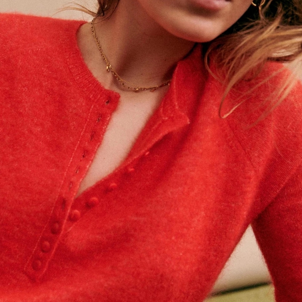 Sezane Red Crewneck Button-Front Sweater - Picture 2 of 9